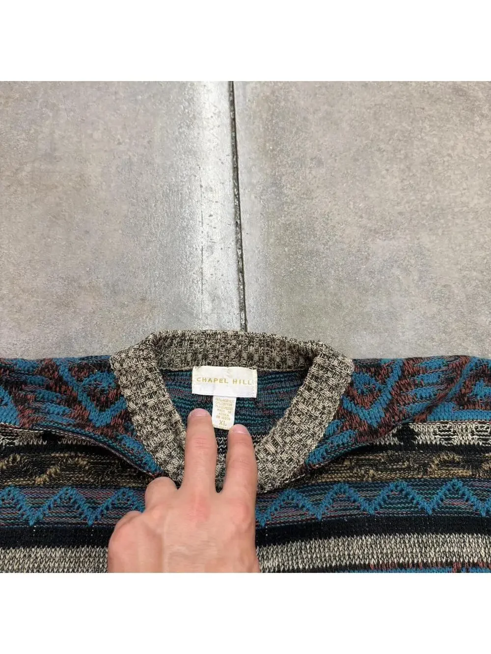 vintage beige blue and orange striped triangle knit sweater size xl